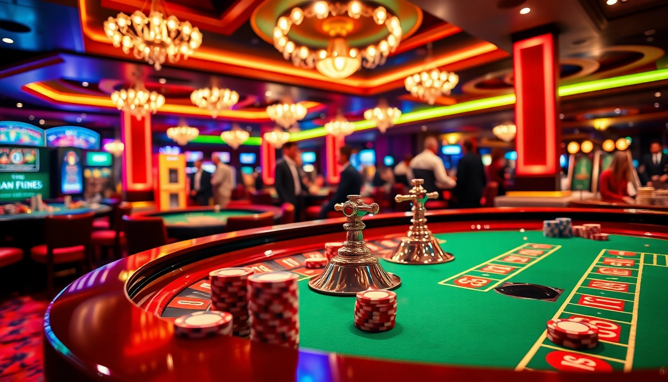 Interwin menunjukkan keramaian kasino dengan meja roulette dan chip poker.