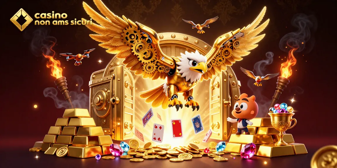 Vincere nei casino non AAMS sicuri con l'aquila dorata tra carte fluttuanti e tesori scintillanti.