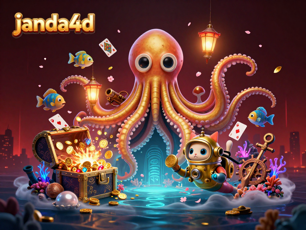 Engage in thrilling gameplay with janda4d, featuring a kraken, diving cat, and floating cards.