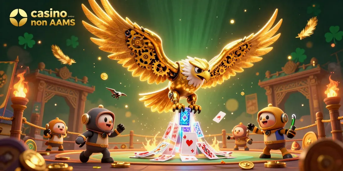Illustrazione di un'illuminante aquila dorata in un combattimento, simbolo di casino online non AAMS, mentre vola tra carte holografiche.