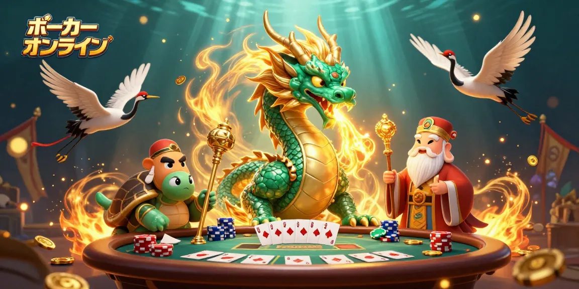 ポーカー オンラインでの勝負が繰り広げられる、煌めくドラゴンと賢者が描かれた華やかなシーン