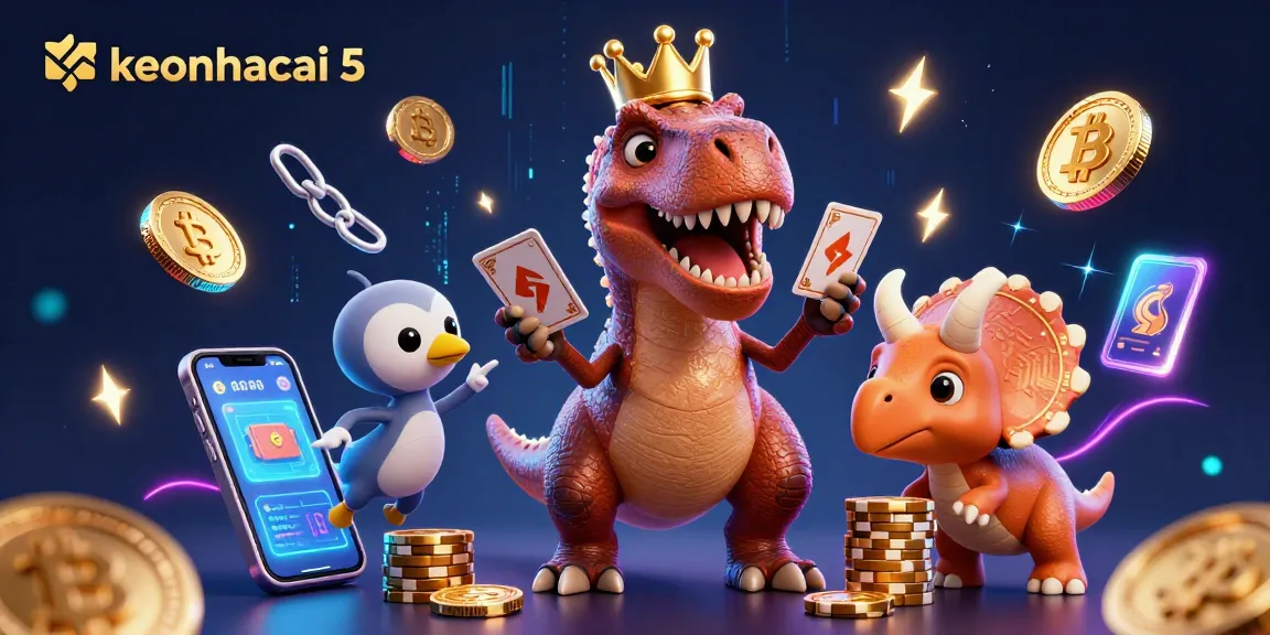 Check out keonhacai 5 as a T-Rex shuffles cards in a vibrant 3D casino scene filled with crypto elements!