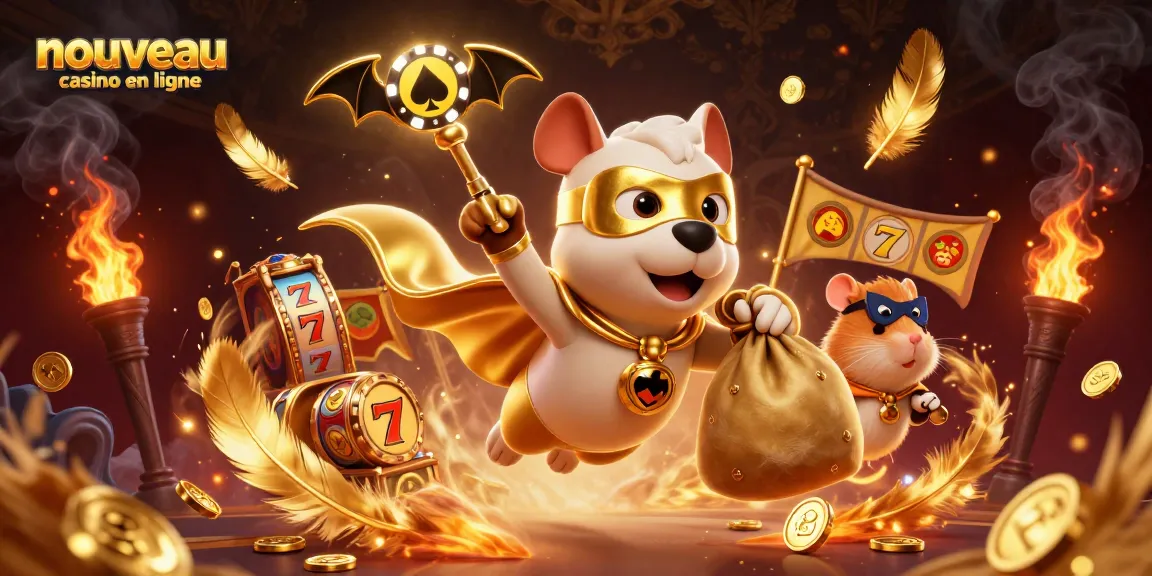 Revivez l'expérience du nouveau casino en ligne avec un chien super-héros et son hamster, dans une scène dynamique.
