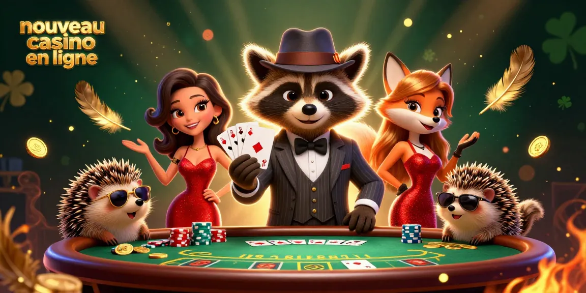 Image illustrant un nouveau casino en ligne avec des personnages de jeu animés, y compris un raton laveur, une renarde et un hérisson