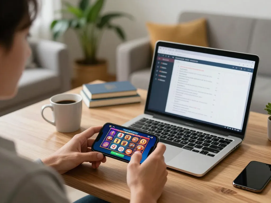 situs gacor experience on smartphone while enjoying a cozy home gaming setup with strategy notes.