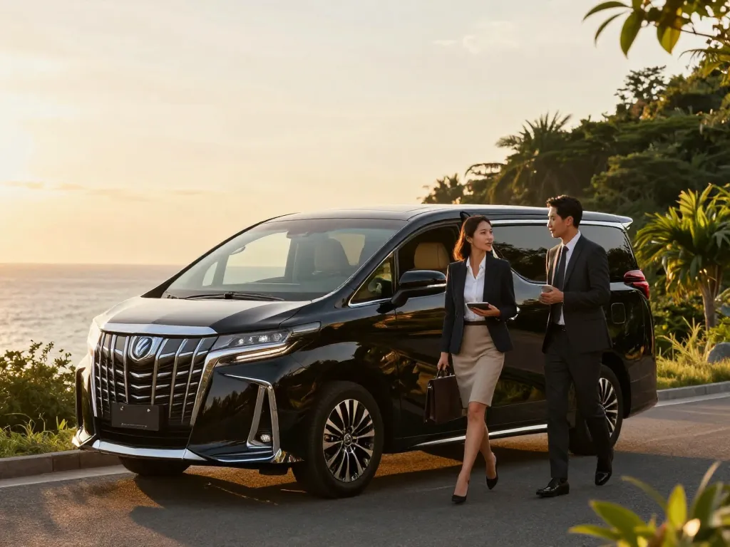 cho thuê xe Toyota Alphard tại một điểm ngắm cảnh ven biển trong lúc hoàng hôn, thể hiện du lịch sang trọng.