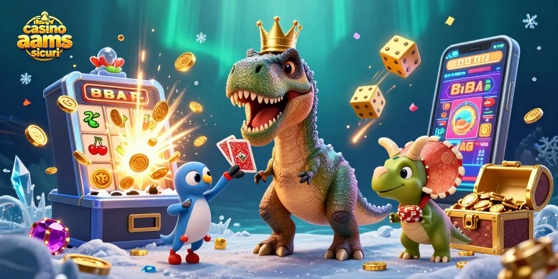 Scopri i migliori giochi nei casinò non AAMS sicuri mentre si divertono il T-Rex e gli amici in un ambiente vivace.