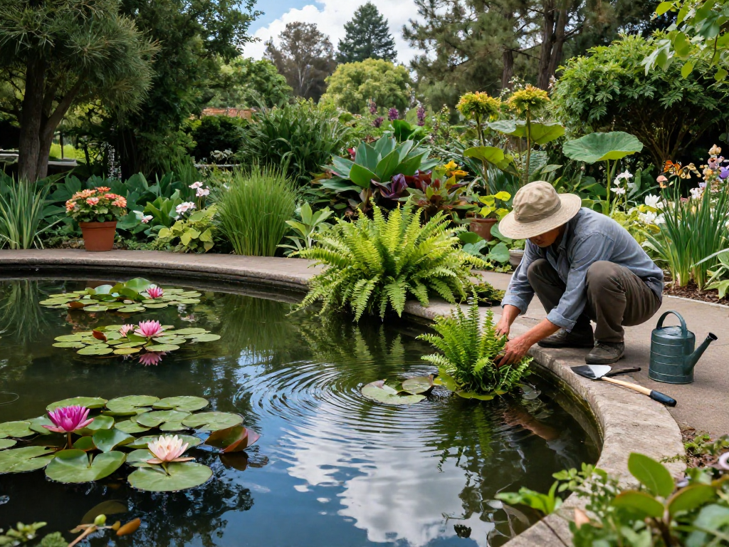 Pond plants arranged beautifully in a tranquil garden setting, showcasing water lilies and ferns, enhancing peaceful outdoor ambience.