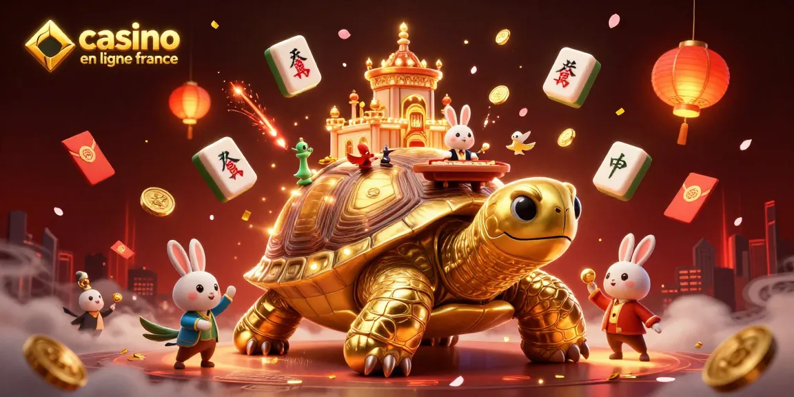 Plongée dans un univers de casino en ligne France avec un tortue géante illuminée et un croupier lapin.