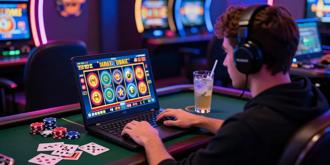Gamer enjoying slot online experience with colorful laptop interface and casino decor