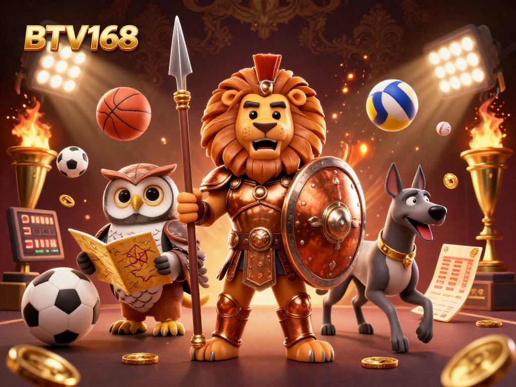 BTV168 showcases an exciting sportsbook scene with a Spartan lion, owl strategist, and greyhound amidst dynamic sports elements.