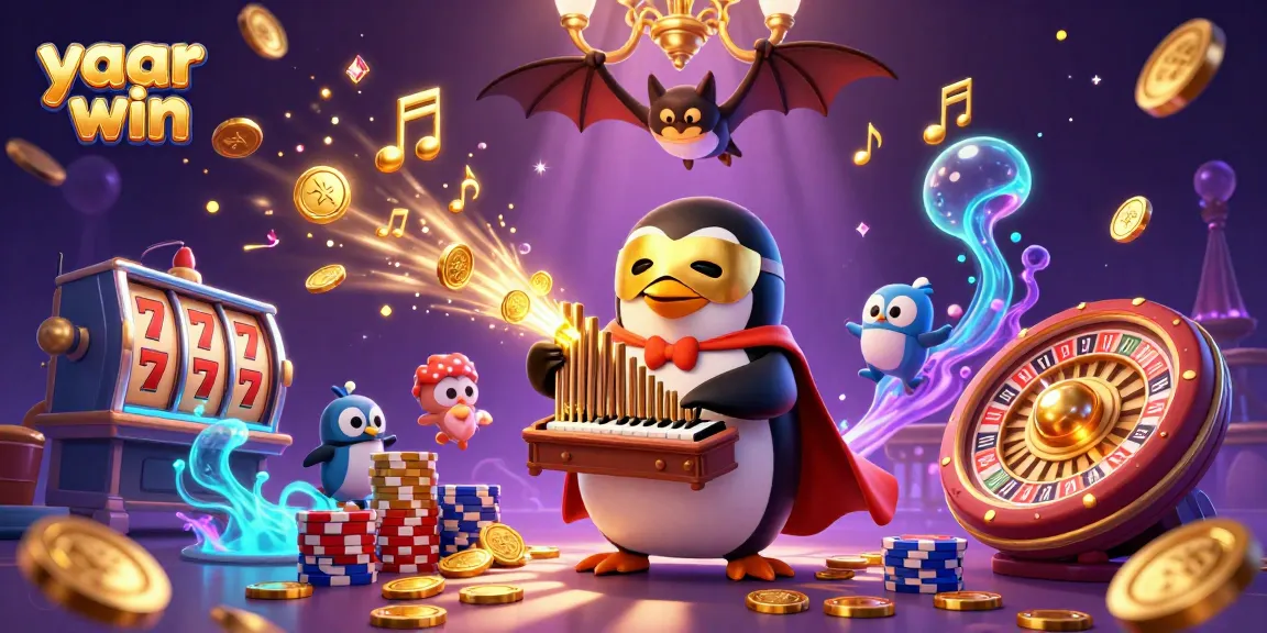 Join the yaar win adventure featuring a phantom opera penguin amidst golden coins and slot reels.
