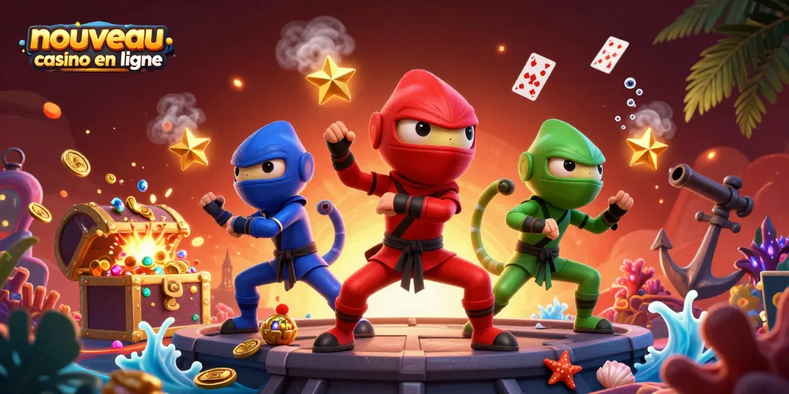 Illustration d'un nouveau casino en ligne avec des caméléons arts martiaux, trésors de jeu et jeux de cartes.