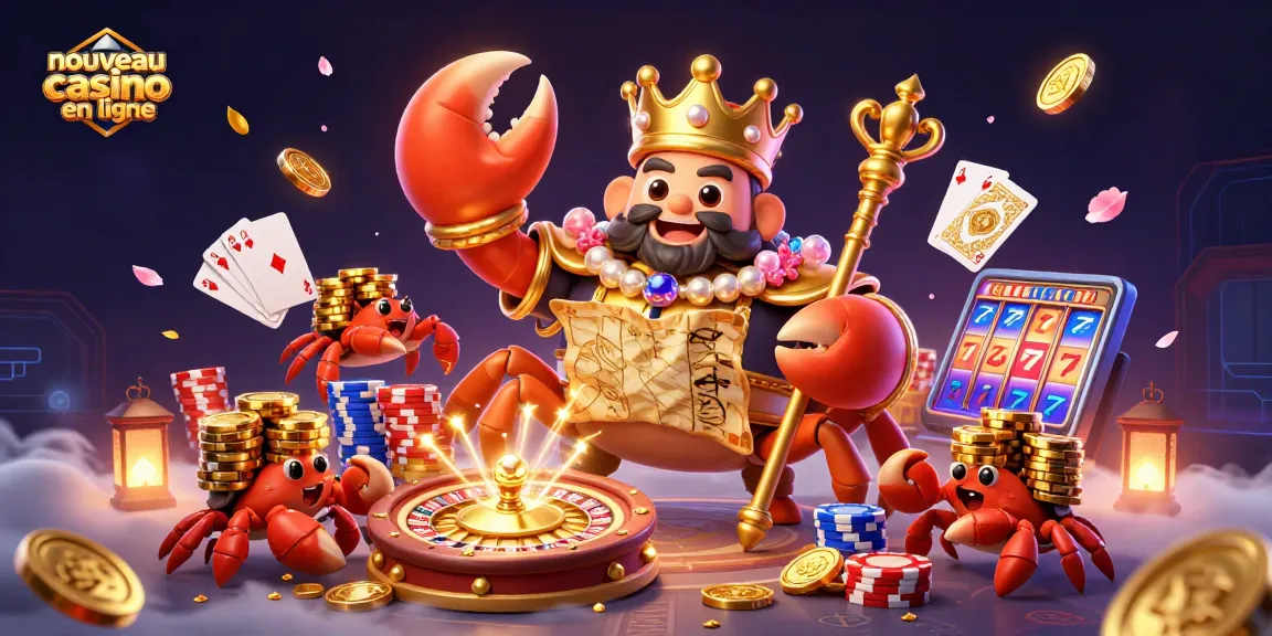 Célébrez le nouveau casino en ligne avec cette illustration dynamique mettant en vedette un crabe en or et des éléments de jeu captivants.
