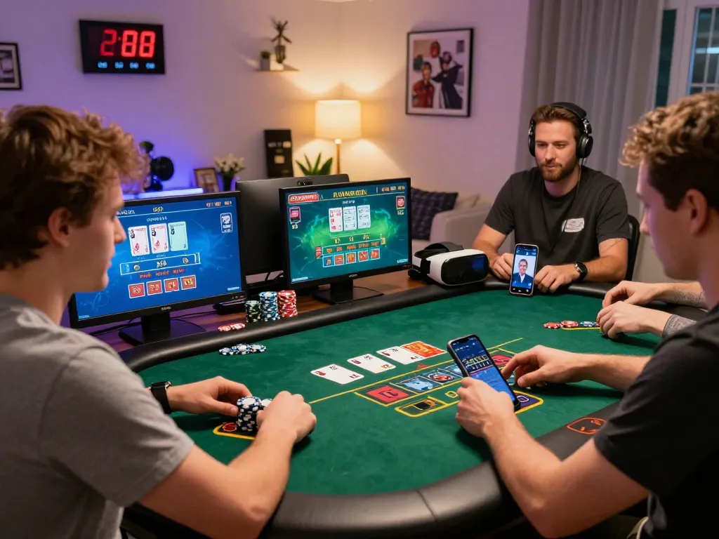 Engaging online baccarat game scene showcasing players immersed in live dealer action, all connected through digital platforms.