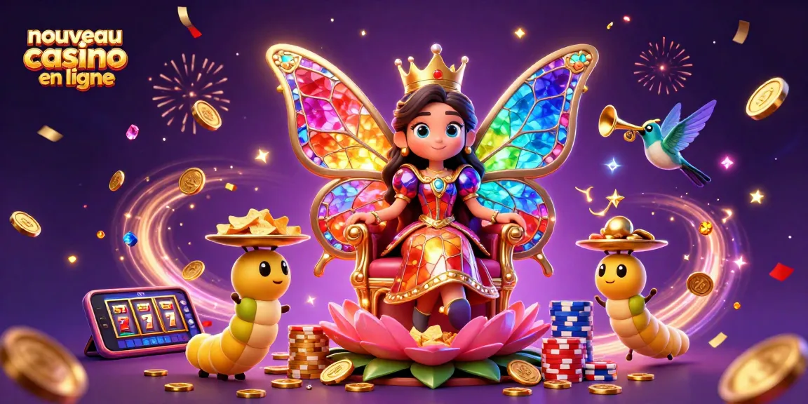 Jouez au nouveau casino en ligne avec des personnages animés entourés de jetons et de pièces d'or scintillantes.