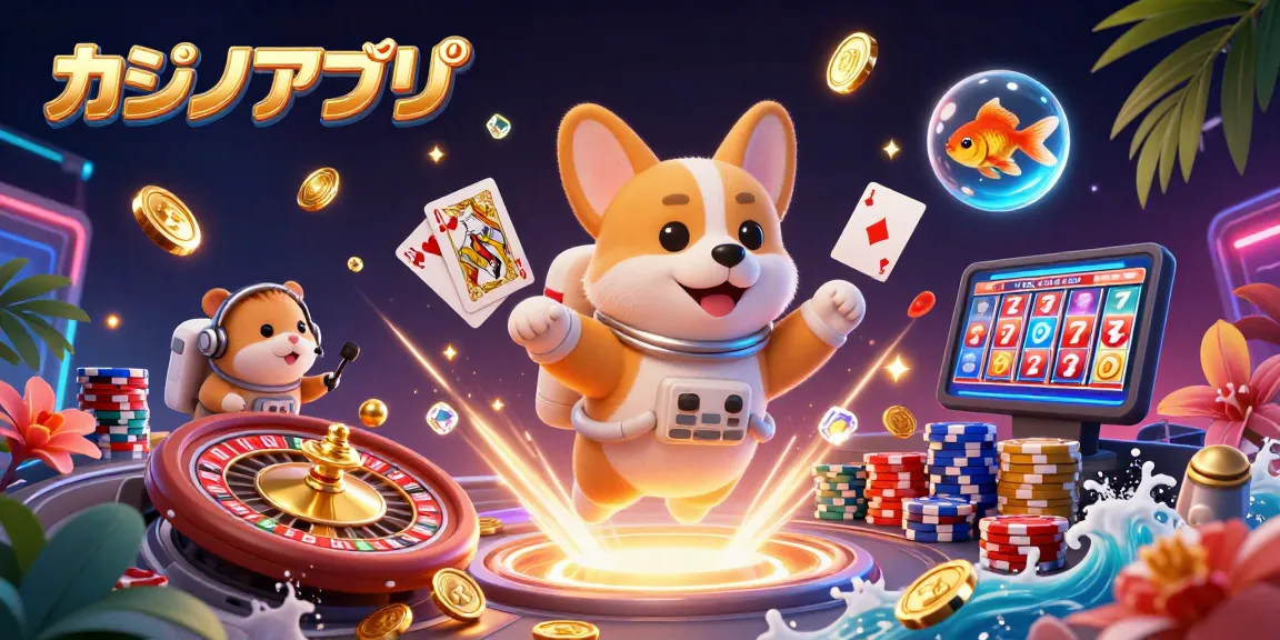 カジノアプリの宇宙テーマのカジノシーンで、浮遊するようなコーギーがポーカーのチップと金貨を散らす。