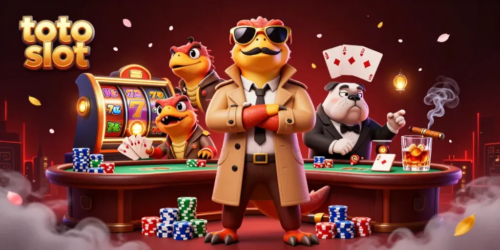 Slot toto slot yang menggoda dengan tiga raptor kartun berusaha masuk ke kasino VIP.