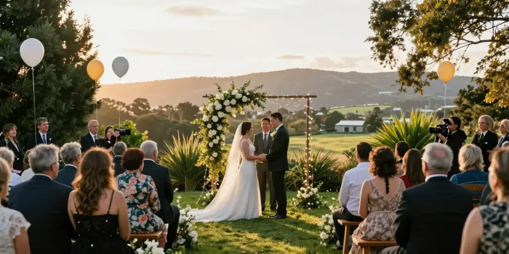 Documentary wedding photographer in Dunedin capturing authentic moments during a beautiful outdoor ceremony.