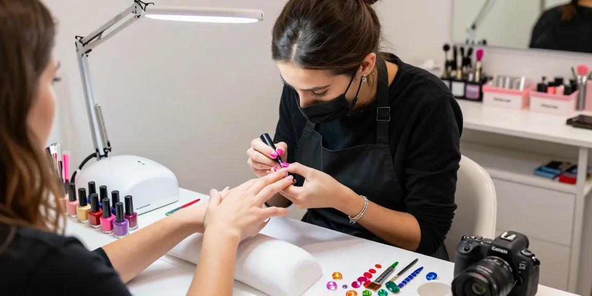 Tehnician de unghii profesionist aplicând baza și top coat unghii lucioasă într-un salon de înfrumusețare chic.