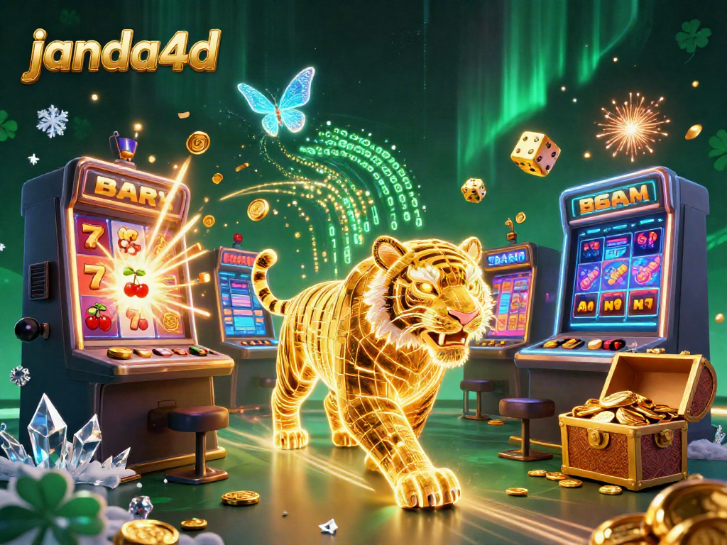 Janda4d menghadirkan ilustrasi kasino digital dengan harimau neon dan jackpot yang berkilauan.