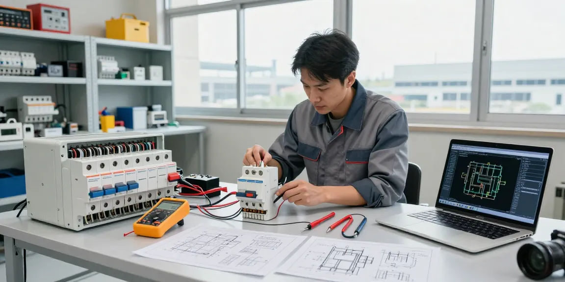 Technician inspecting earth leakage circuit breakers in a modern electrical workspace, demonstrating expertise and safety in electrical engineering.