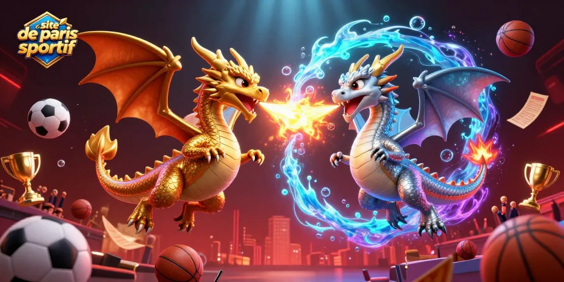 Visualisez le site de paris sportif avec des dragons et des ballons de sport en action.