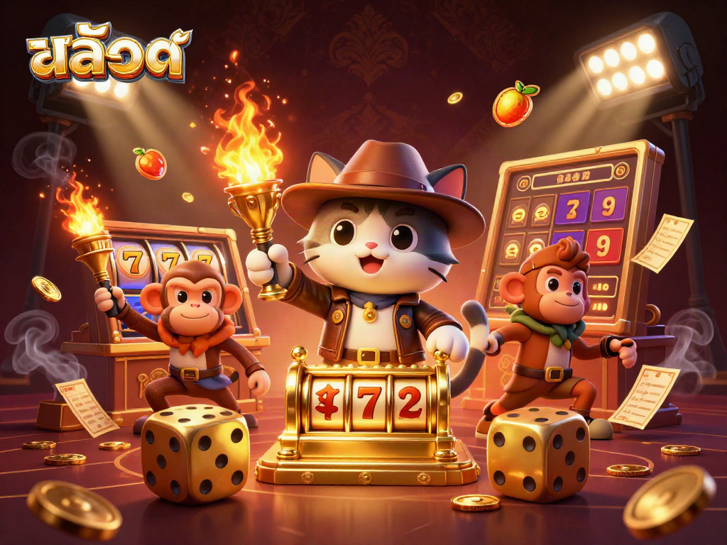 Spin the exciting สล็อต reels with the luck of an archaeologist cat and monkey companion in a vibrant casino scene.