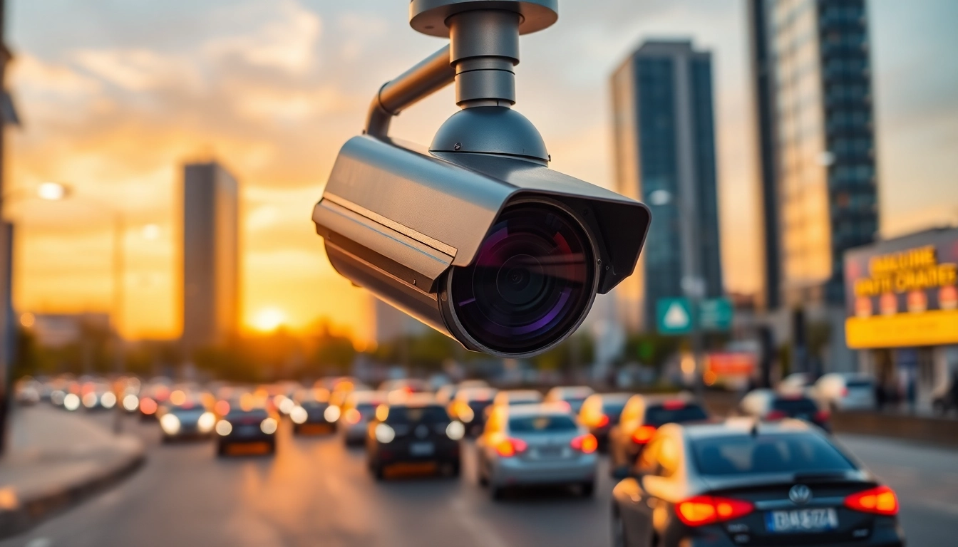 Capture of a license plate recognition camera monitoring traffic in a busy city setting.