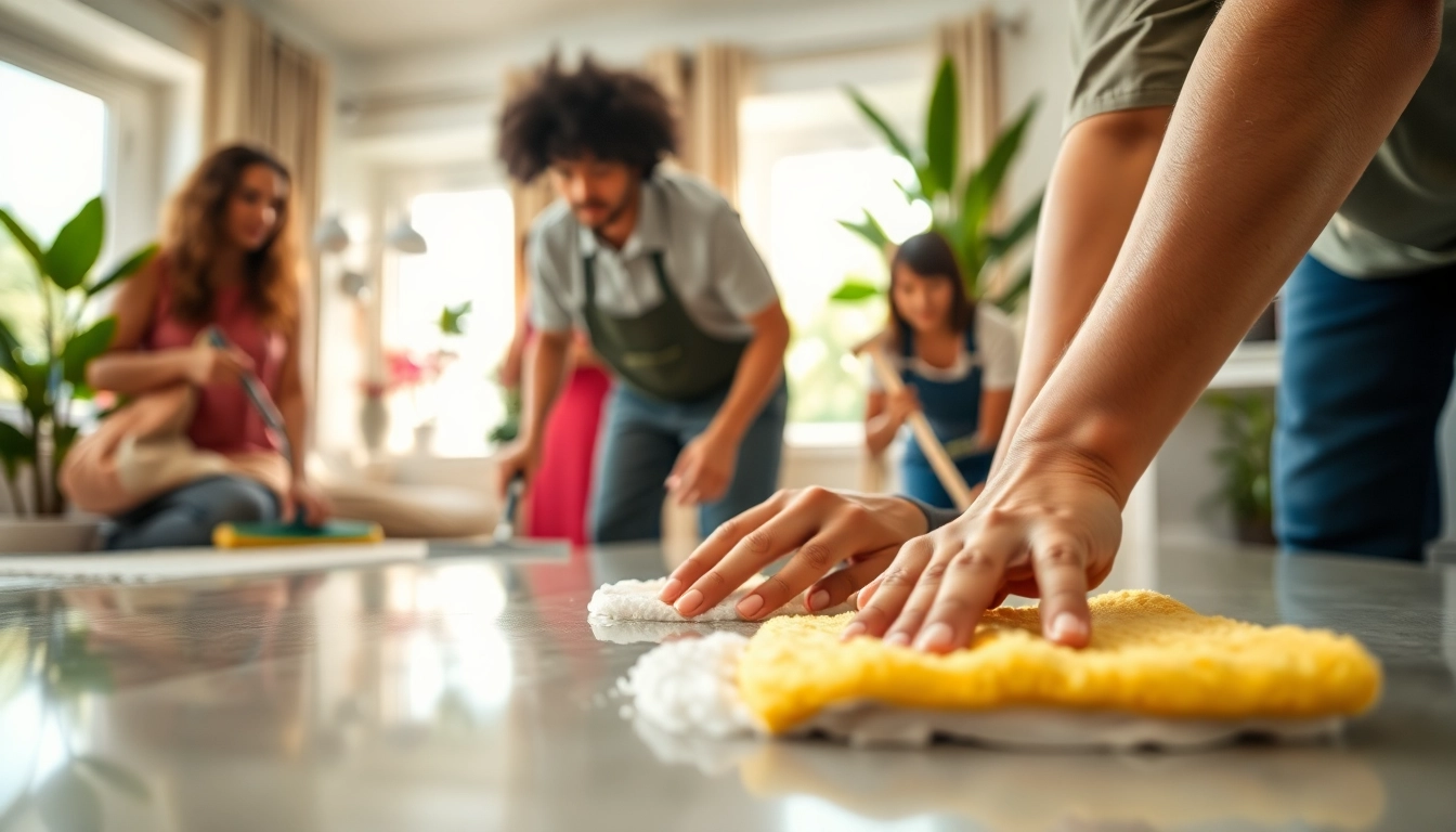 Efficient cleaning services near me showcased by a diligent cleaning crew in a bright living room.