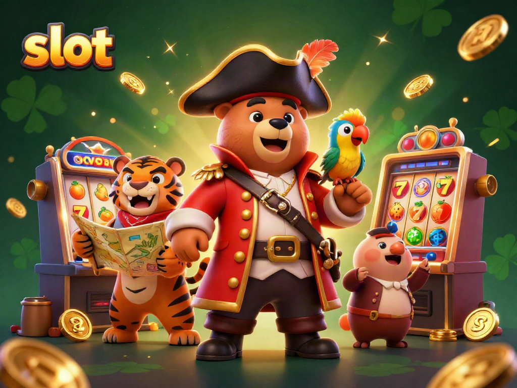 Spin the reels with the slot machine as the pirate bear, tiger, and parrot join the fun!