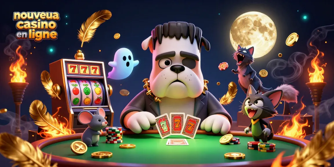 Illustration vivante présentant un nouveau casino en ligne avec un bulldog Frankenstein et un chat loup dans une ambiance captivante.