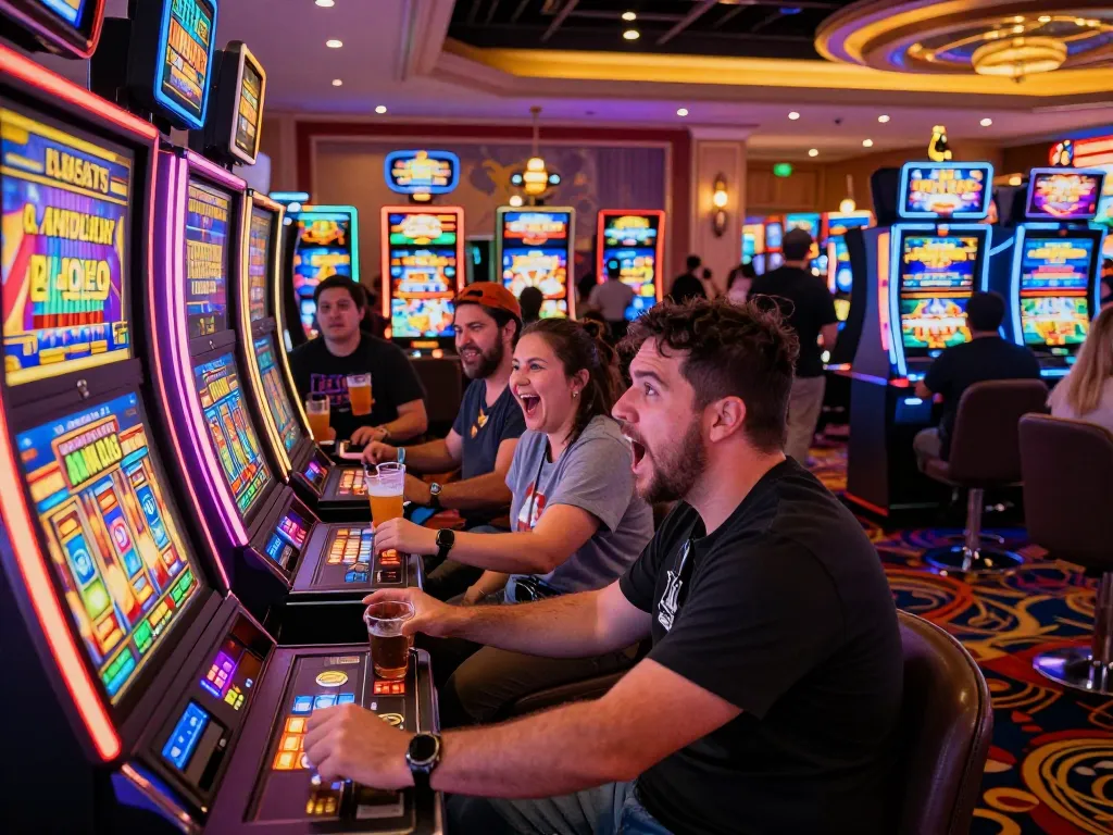 Pemain menikmati mesin link slot di kasino Las Vegas yang ramai dengan penerangan yang cerah.