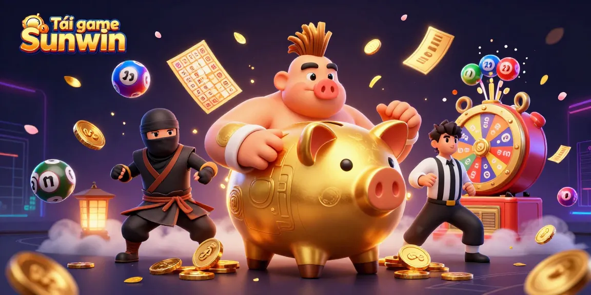 Engage with Tải game Sunwin as a golden piggy bank sumo wrestler shakes coins in an exciting gambling scene.
