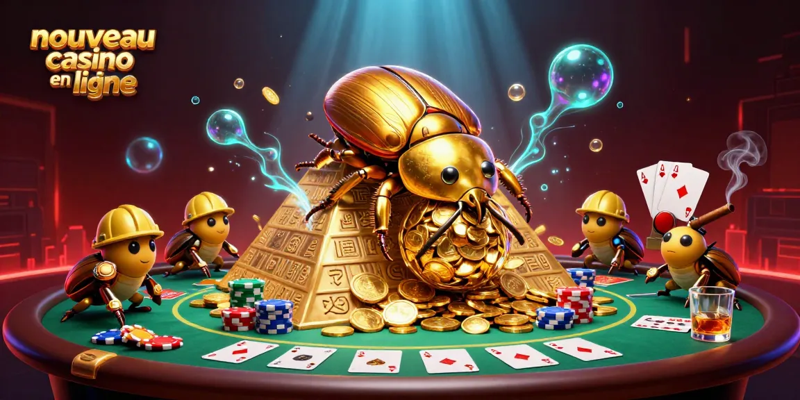 Illustration captivante d'un nouveau casino en ligne, avec un scarabée doré et des éléments de poker.