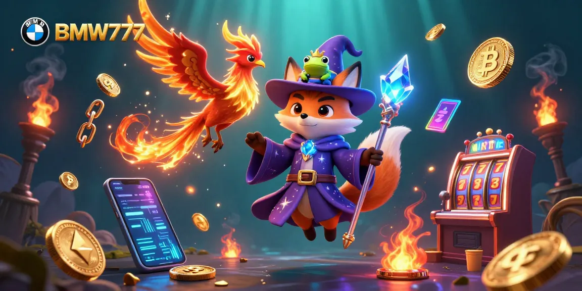 Engage in thrilling slots with BMW777, featuring a wizard fox and phoenix in a vibrant casino scene.