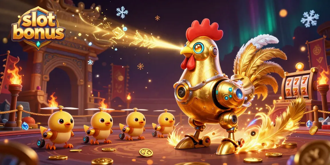 Experience the excitement of a slot bonus with a dynamic golden rooster robot in a vibrant casino scene.