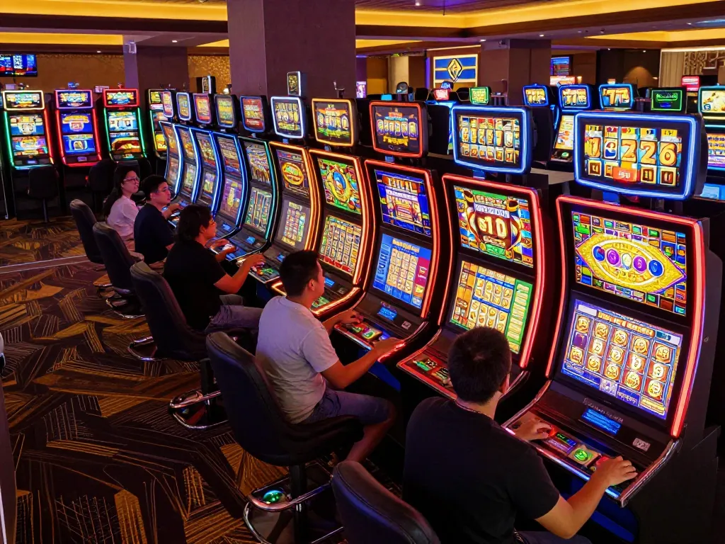 Players enjoying the excitement of slot777 gacor at colorful casino slot machines.