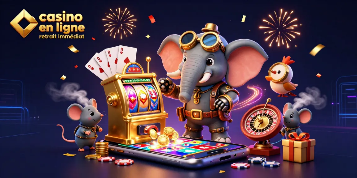 Gagnez avec le casino en ligne retrait immédiat : un éléphant ingénieur en train de jouer à une machine à sous dorée.
