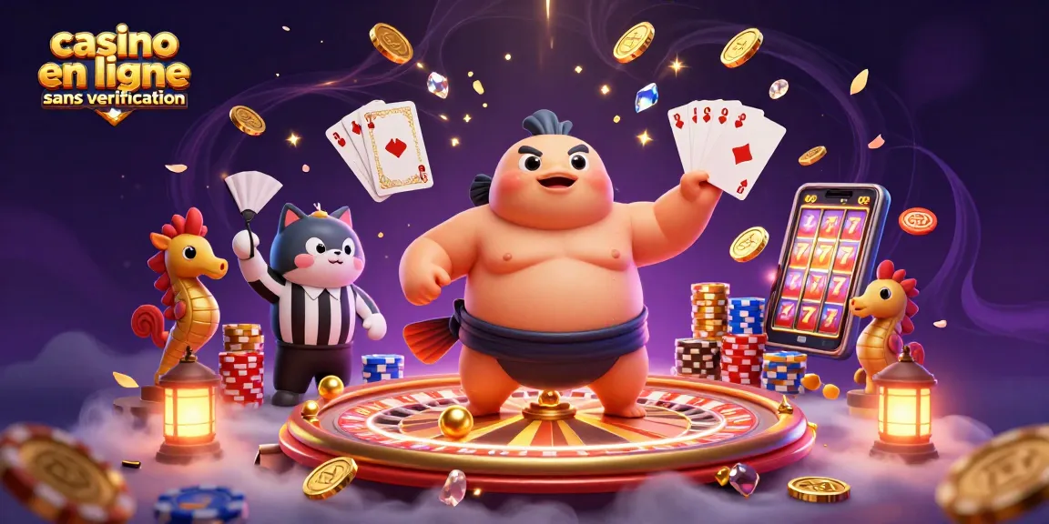 Illustration animée de casino en ligne sans vérification montrant un fugu sumo et un arbitre chat