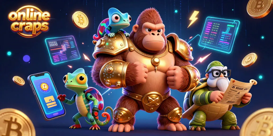 Play online craps with a gorilla king, chameleon companion, and wise tortoise, amidst vibrant crypto elements.