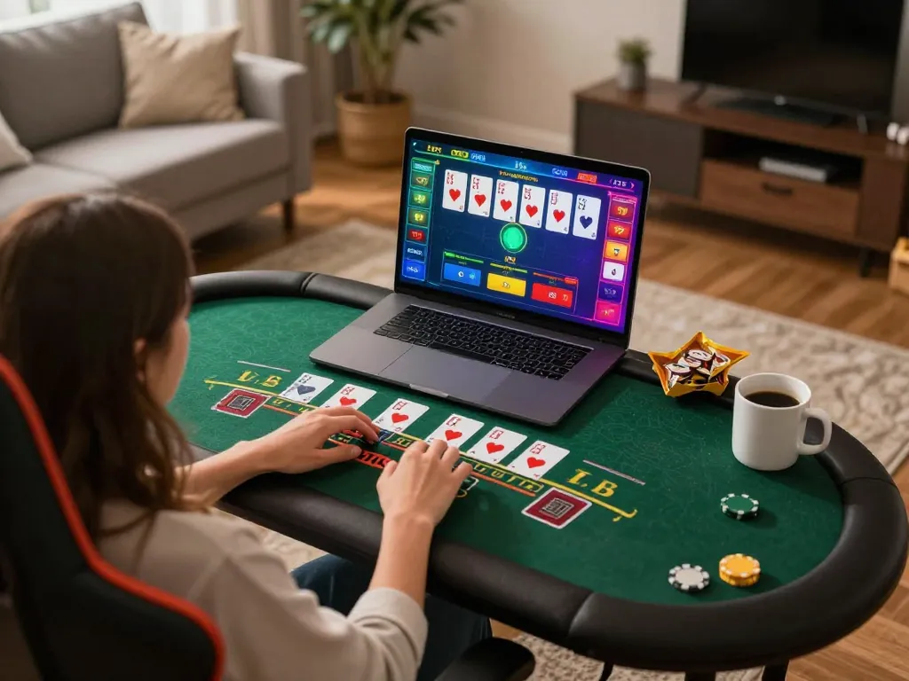 Engaged player enjoying online blackjack on lc88 platform in a cozy gaming setup