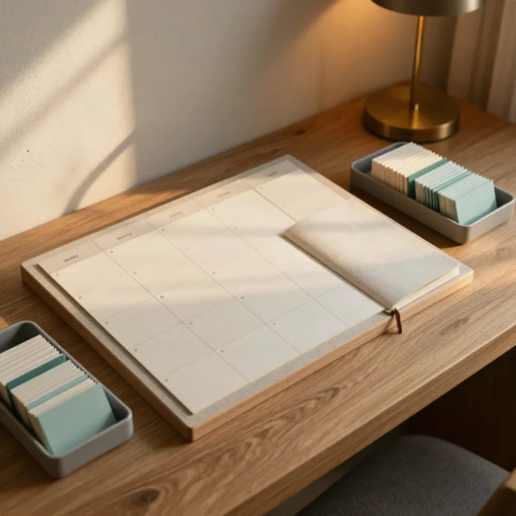 Weekly planning board with linen notebook and storage trays in a warm afternoon planning nook.