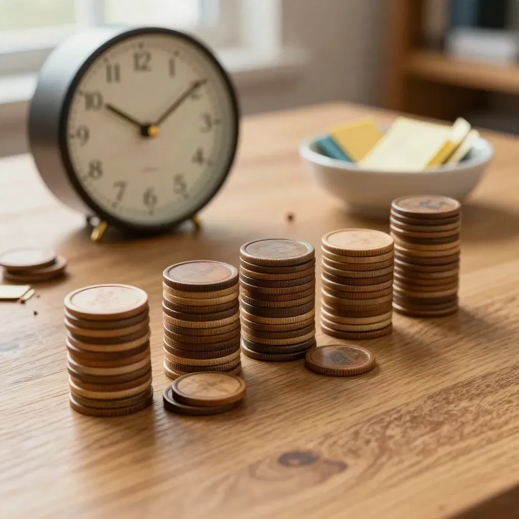 Wooden task tokens, clock, and priority bowl on oak in warm window light.