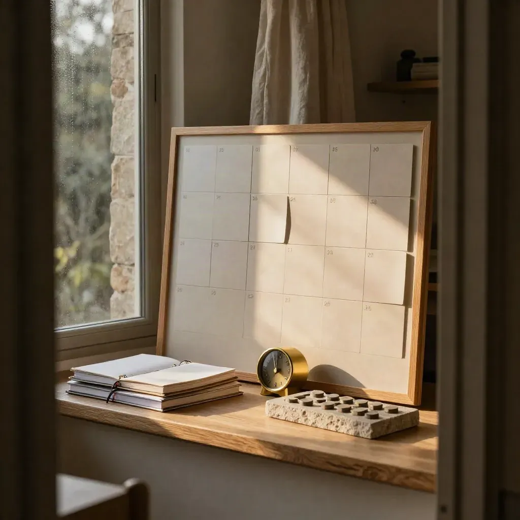 Moody planning corner with weekly board, planners, brass timer and task tokens in post-rain light