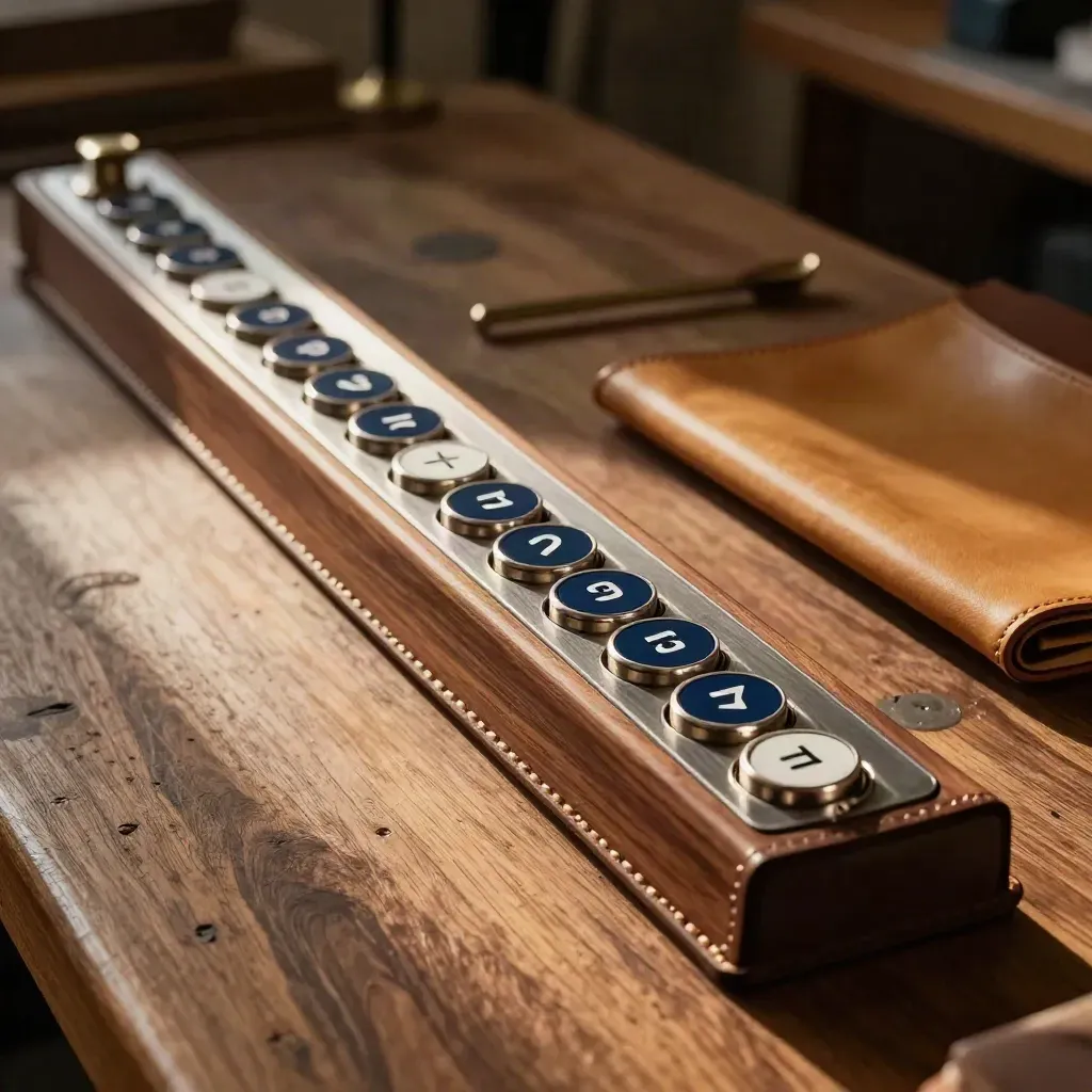 Walnut leather deadline tracker rail with metal tabs and enamel discs on a workbench in low side light