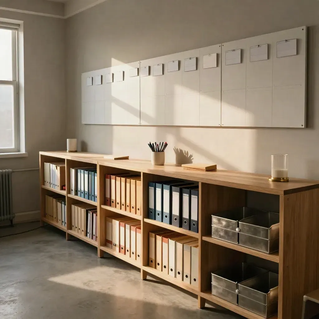 Empty agency shelf system with folders, trays and status wall in warm afternoon light.