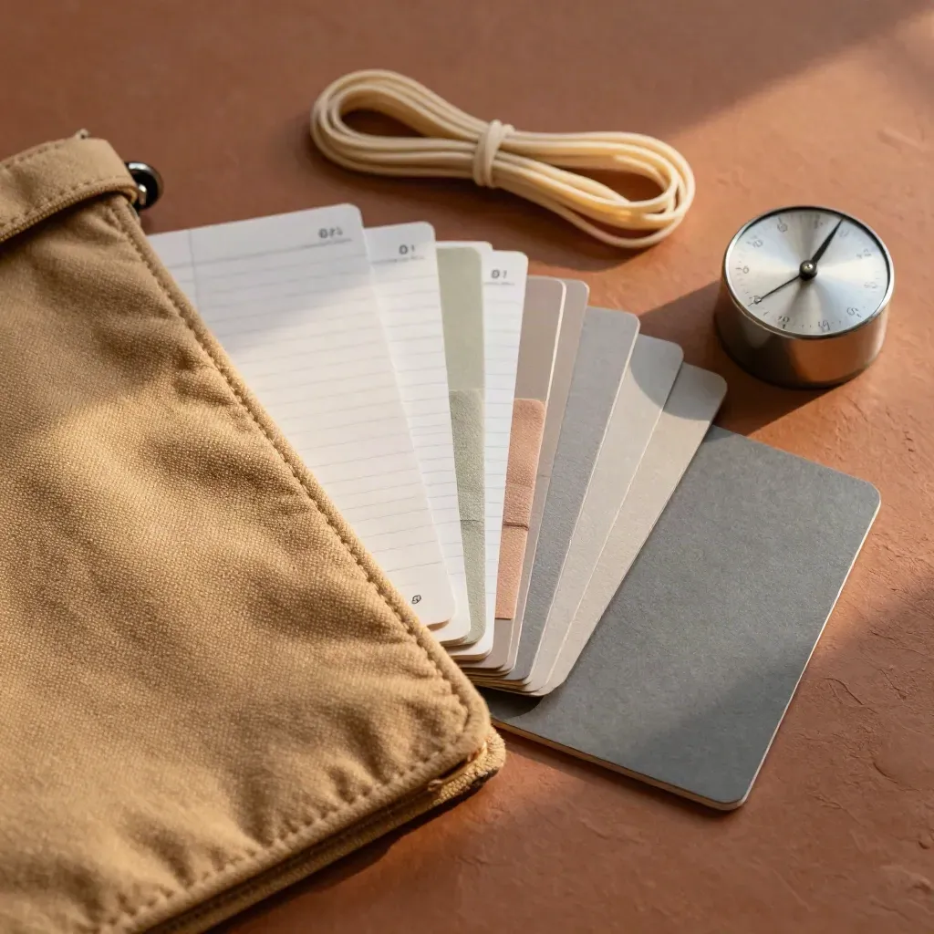 Freelancer habit kit with planner cards, canvas pouch, rubber bands and timer on terracotta.