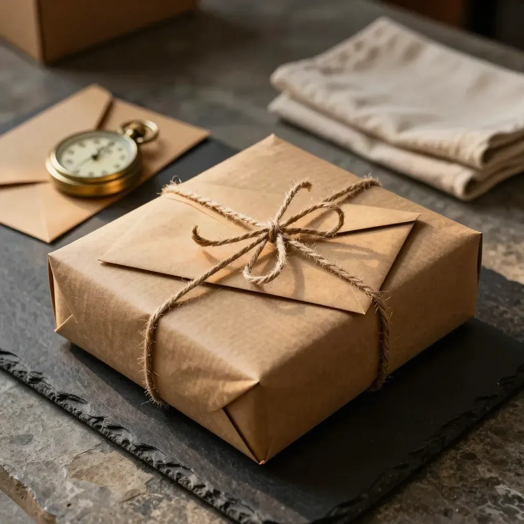 Twine-wrapped parcel, sealed envelopes, and a stopwatch sliding away on stone