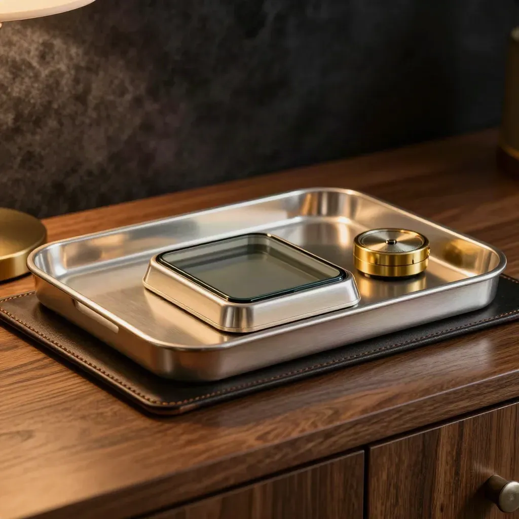 Macro still life of a closed task tray and face-down phone on a sideboard in warm evening light.